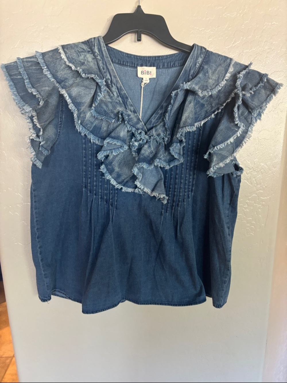 BiBi Denim Ruffle Pintuck Blouse in Blue